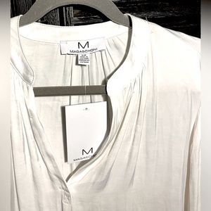 MAGASCHONI Oyster White Silk Style Blouse Button Front Gathered so lux soft!